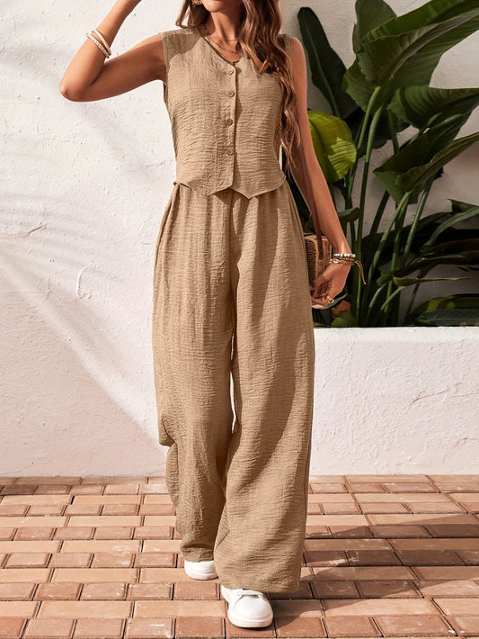 Summer New Women's Solid Color V-Neck Vest and Pants Set, Elegant Style