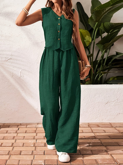 Summer New Women's Solid Color V-Neck Vest and Pants Set, Elegant Style