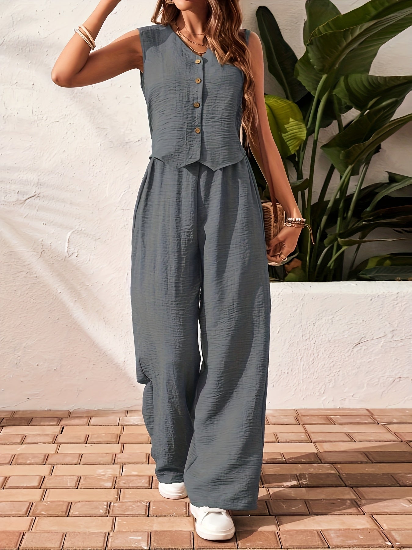 Summer New Women's Solid Color V-Neck Vest and Pants Set, Elegant Style