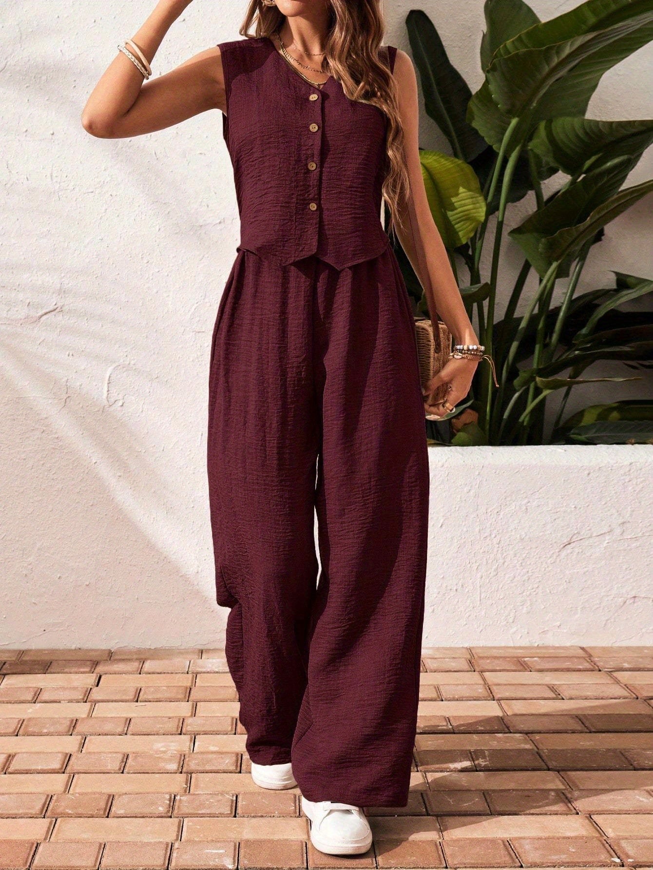 Summer New Women's Solid Color V-Neck Vest and Pants Set, Elegant Style