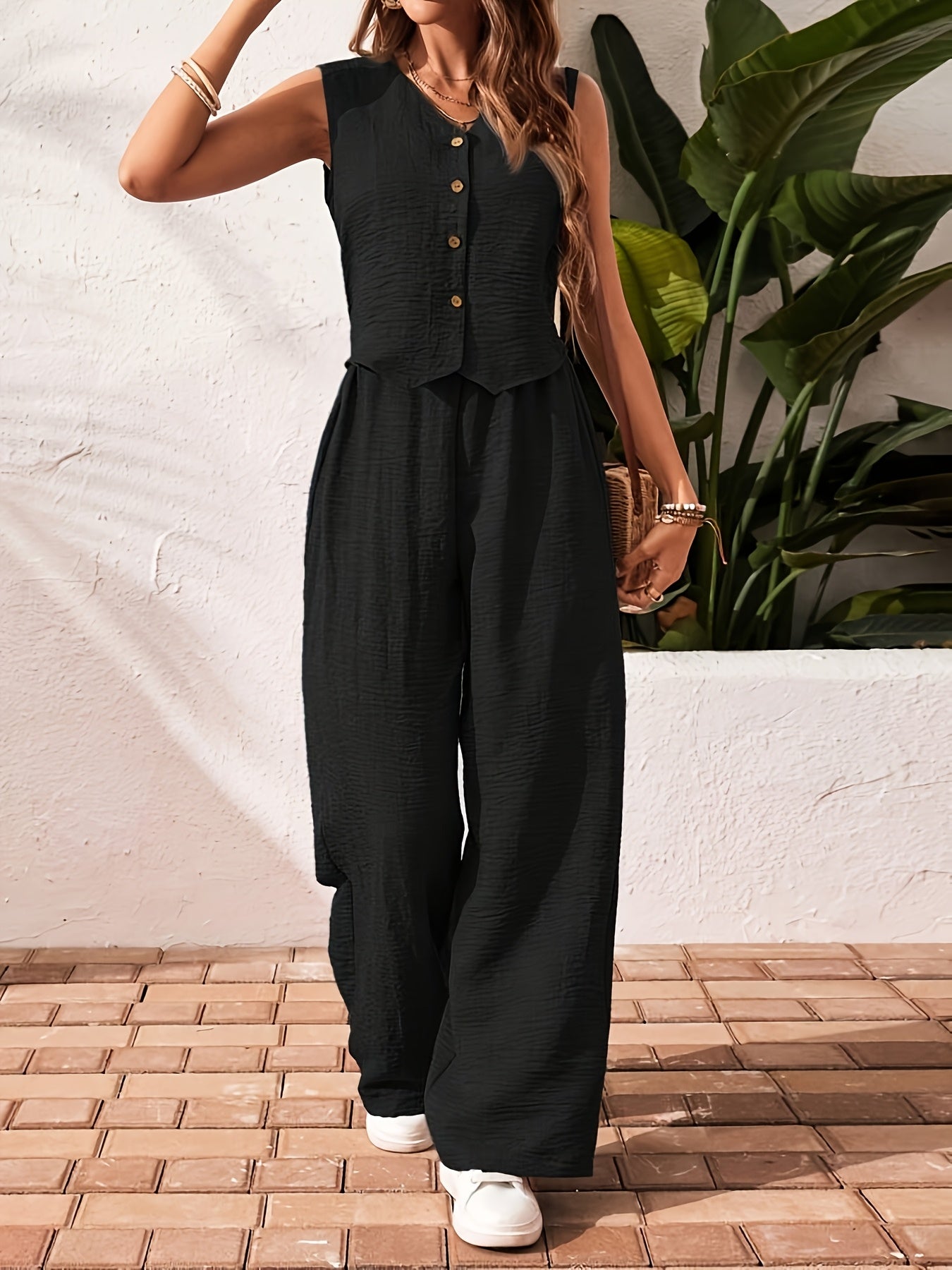 Summer New Women's Solid Color V-Neck Vest and Pants Set, Elegant Style