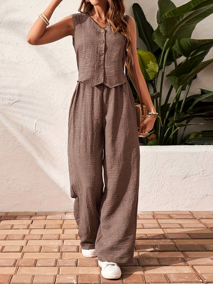 Summer New Women's Solid Color V-Neck Vest and Pants Set, Elegant Style