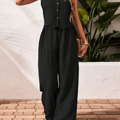 Summer New Women's Solid Color V-Neck Vest and Pants Set, Elegant Style